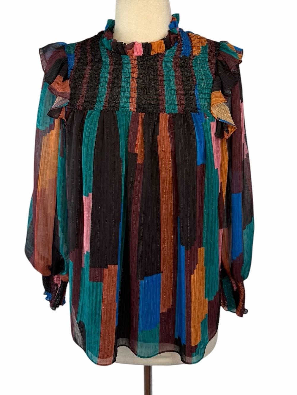 WILLA Story Top Blouse Smocked Yoke Sheer Ruffle Blouse burgundy green pink blue